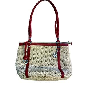 Brighton Straw Raffia Woven Shoulder Bag Purse, Red Leather Trim, Beach Boho